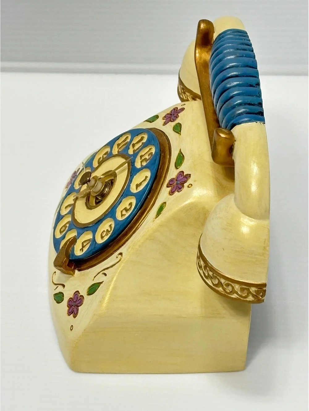 Clock Vintage Ceramic Rotary Phone Figurine with Floral Design and Blue Accents